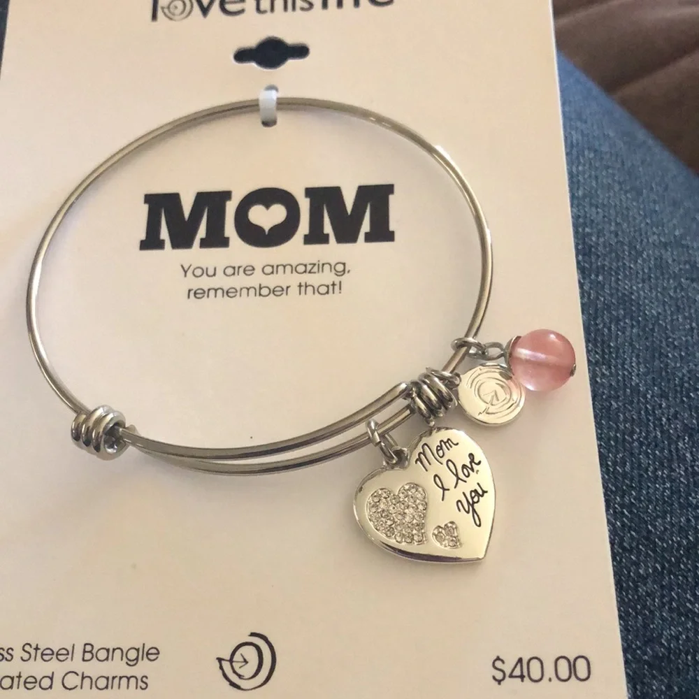 Mom fine silver plated stainless steel genuine stone bangle bracelet